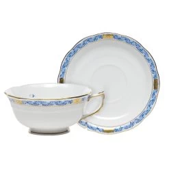 Herend Chinese Bouquet Garland Blue Tea Cup And Saucer