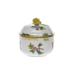 Herend Queen Victoria Green Covered Sugar With Rose