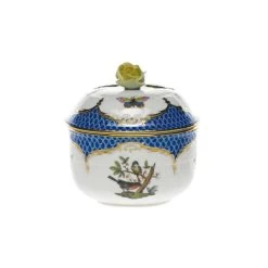 Herend Rothschild Bird Blue Covered Sugar With Rose