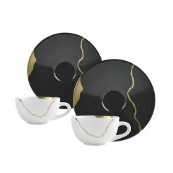 Bernardaud Kintsugi Coal Black Set Of 2 Assorted Coffee Cups And Saucers