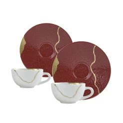 Bernardaud Kintsugi Emperor Red Set Of 2 Assorted Coffee Cups And Saucers
