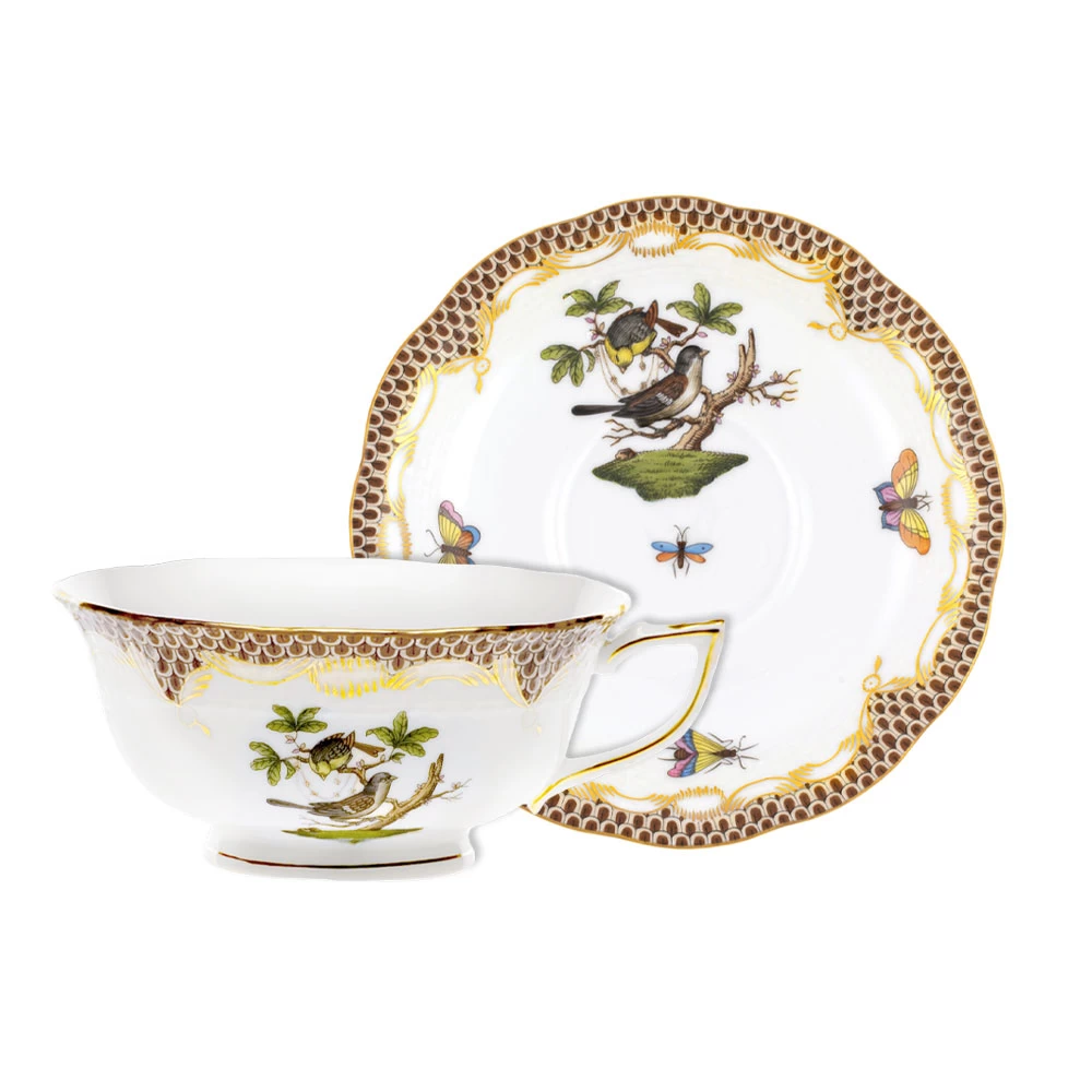 Herend Rothschild Bird Brown Tea Cup And Saucer